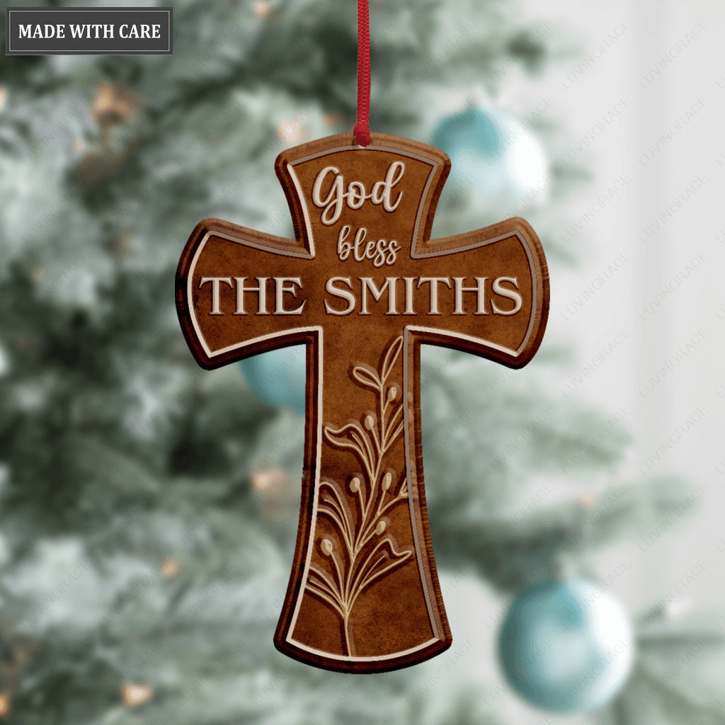 Vintage Cross God Blessed Family Name Personalized Ornament