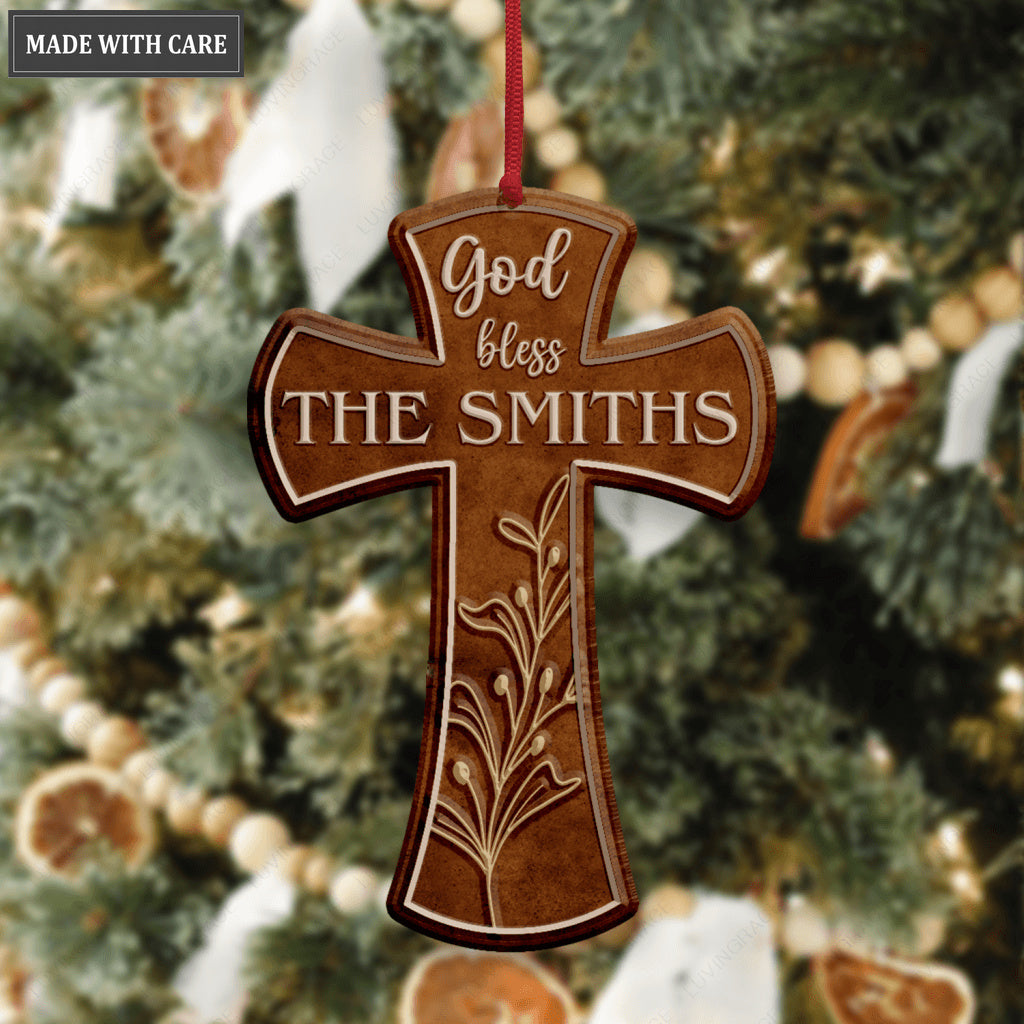 Vintage Cross God Blessed Family Name Personalized Ornament