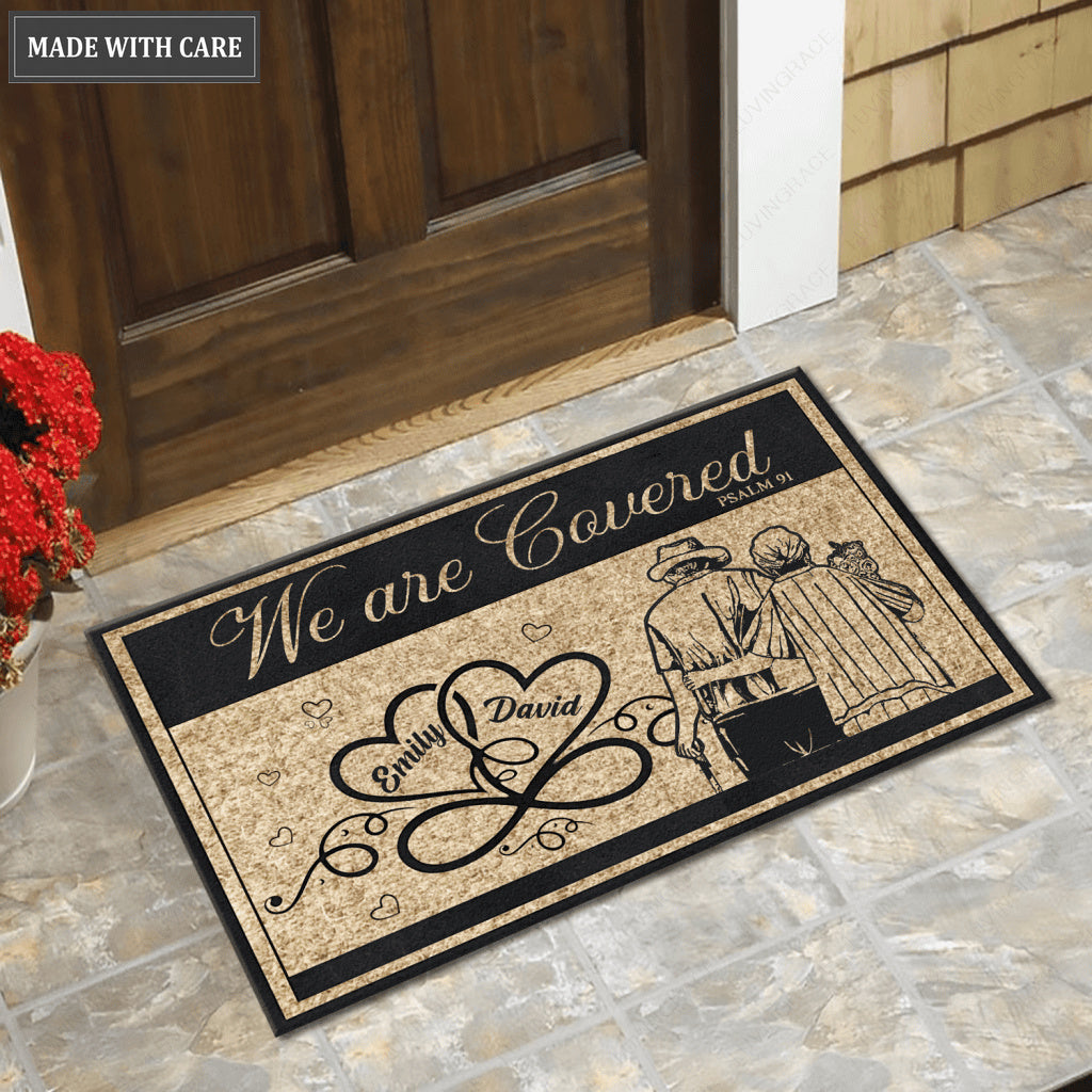 Old Couple We Are Covered Psalm 91 Personalized Doormat