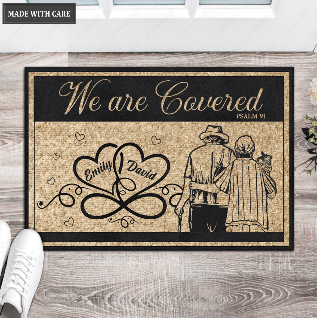 Old Couple We Are Covered Psalm 91 Personalized Doormat