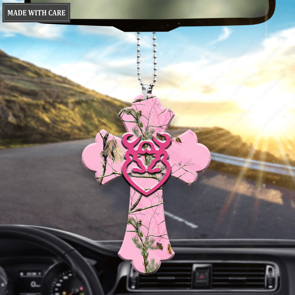 Pink Camo Cross With Heart Buck And Doe Ornament