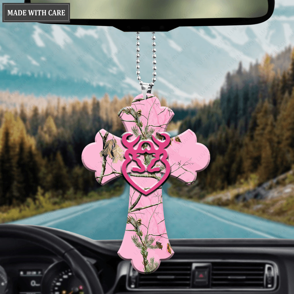 Pink Camo Cross With Heart Buck And Doe Ornament