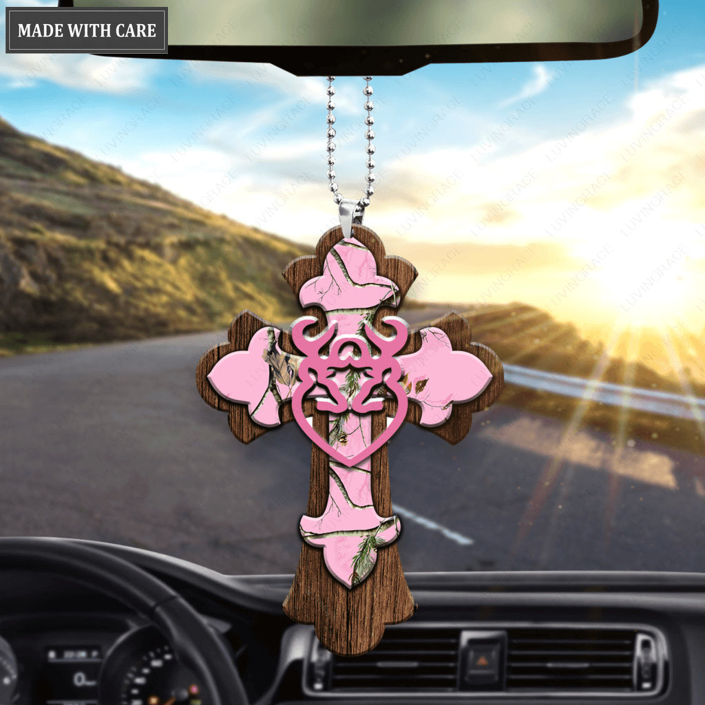 Pink Camo Cross With Large Heart Buck And Doe Ornament