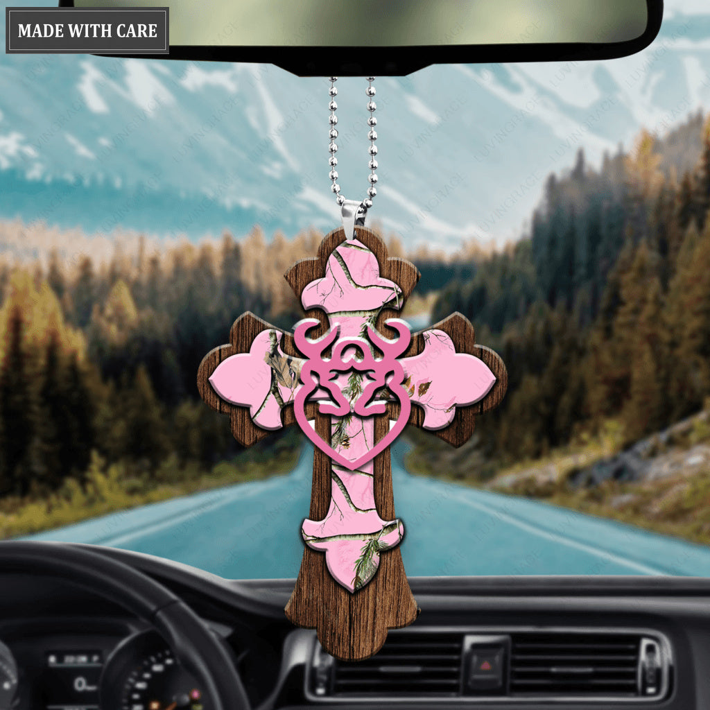 Pink Camo Cross With Large Heart Buck And Doe Ornament