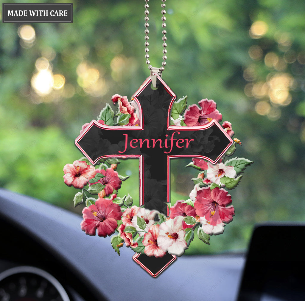 Personalized Hibicus Wreath Cross Ornament