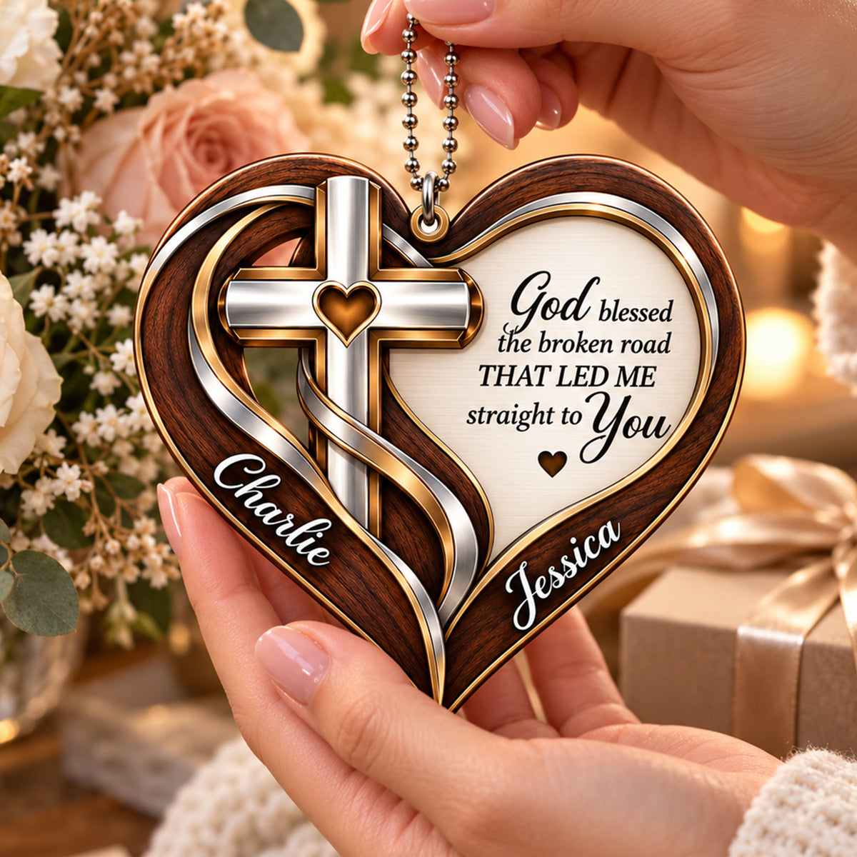 Personalized Names Wood Cross God Blessed Heart Ornament - Romantic Faith Gift for Couples