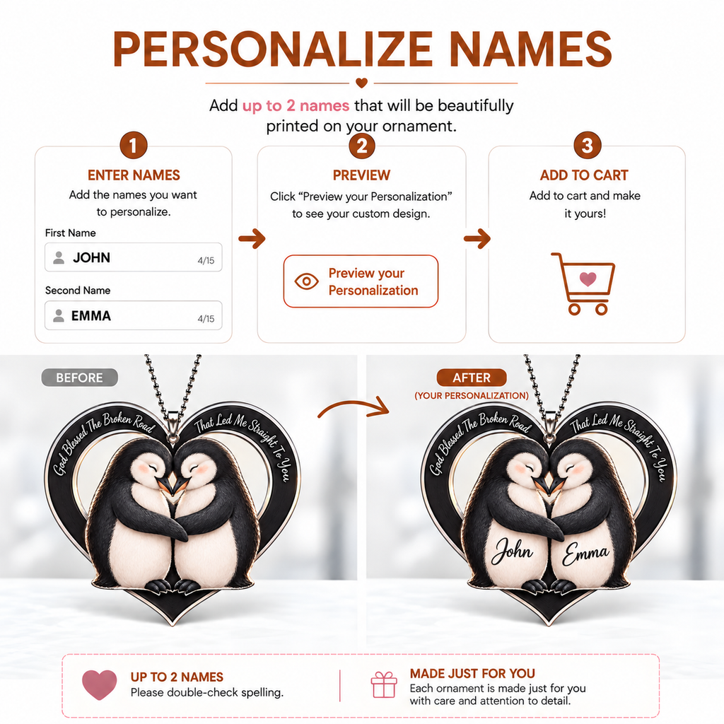 Personalized Penguin Couple Ornament - Custom Names God Blessed Heart Car Ornament - Perfect Gift for Couples, Anniversary Gift for Penguin Lovers