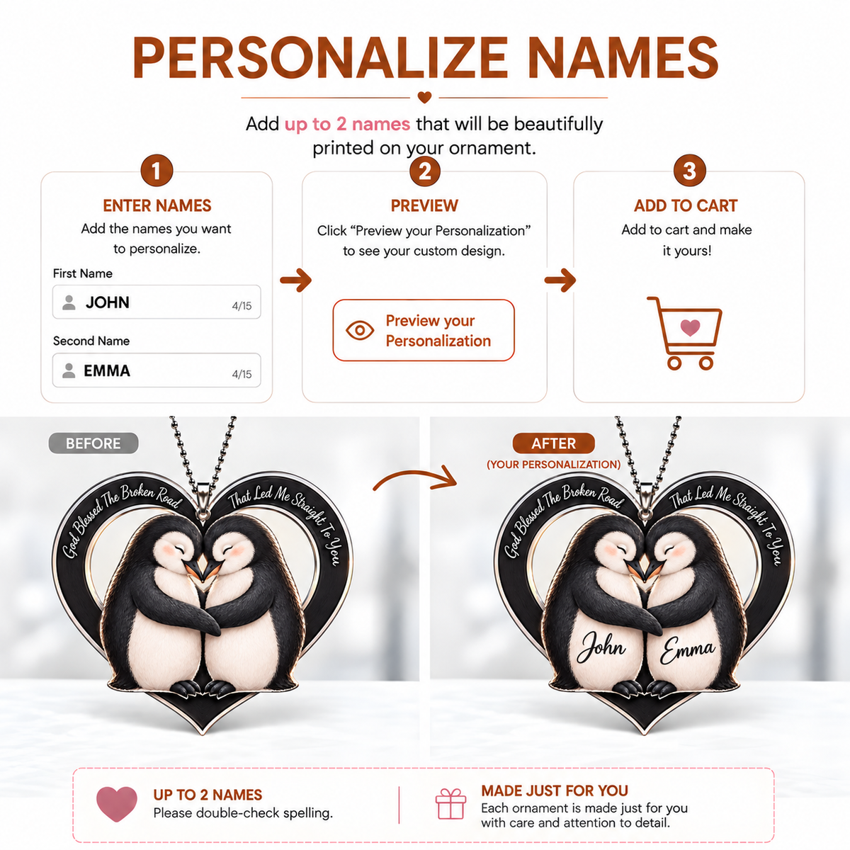 Personalized Penguin Couple Ornament - Custom Names God Blessed Heart Car Ornament - Perfect Gift for Couples, Anniversary Gift for Penguin Lovers