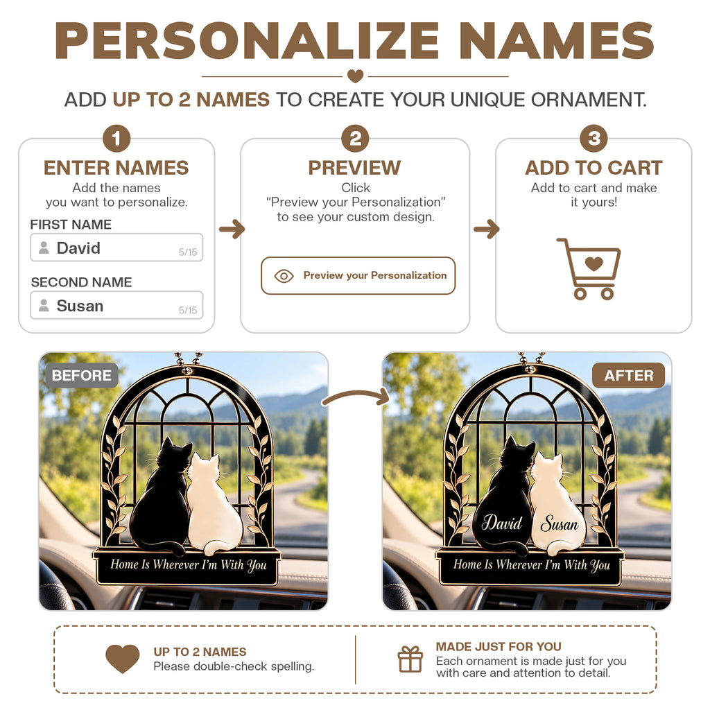 Personalized Names Home Is Wherever I'm With You Black and White Cat Couple Car Ornament