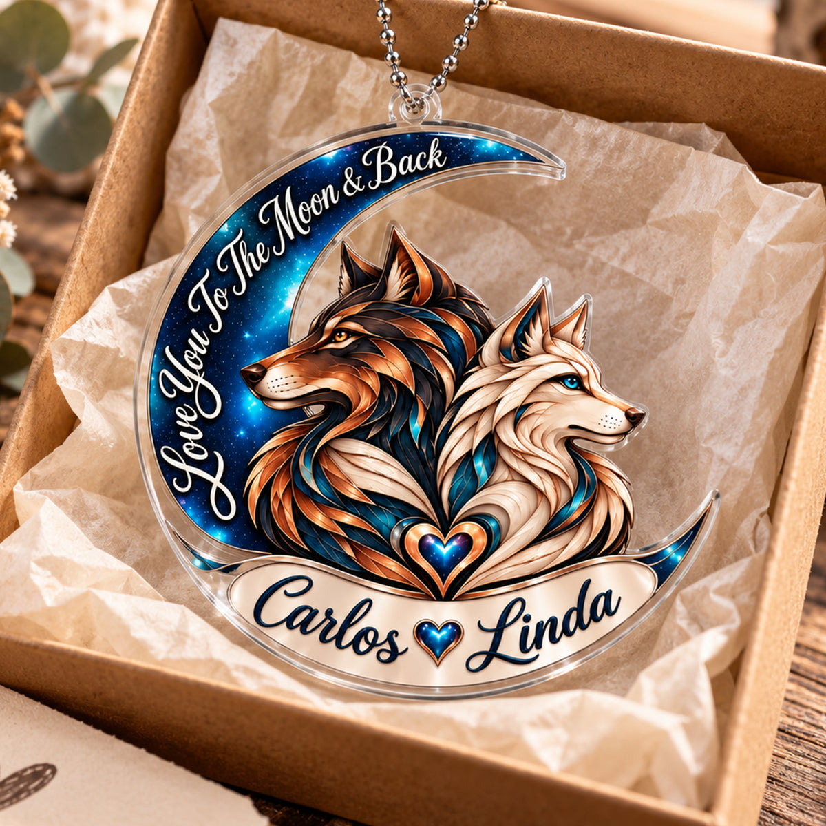 Personalized Names Love You to the Moon & Back Wolf Couple Ornament – Anniversary Gift