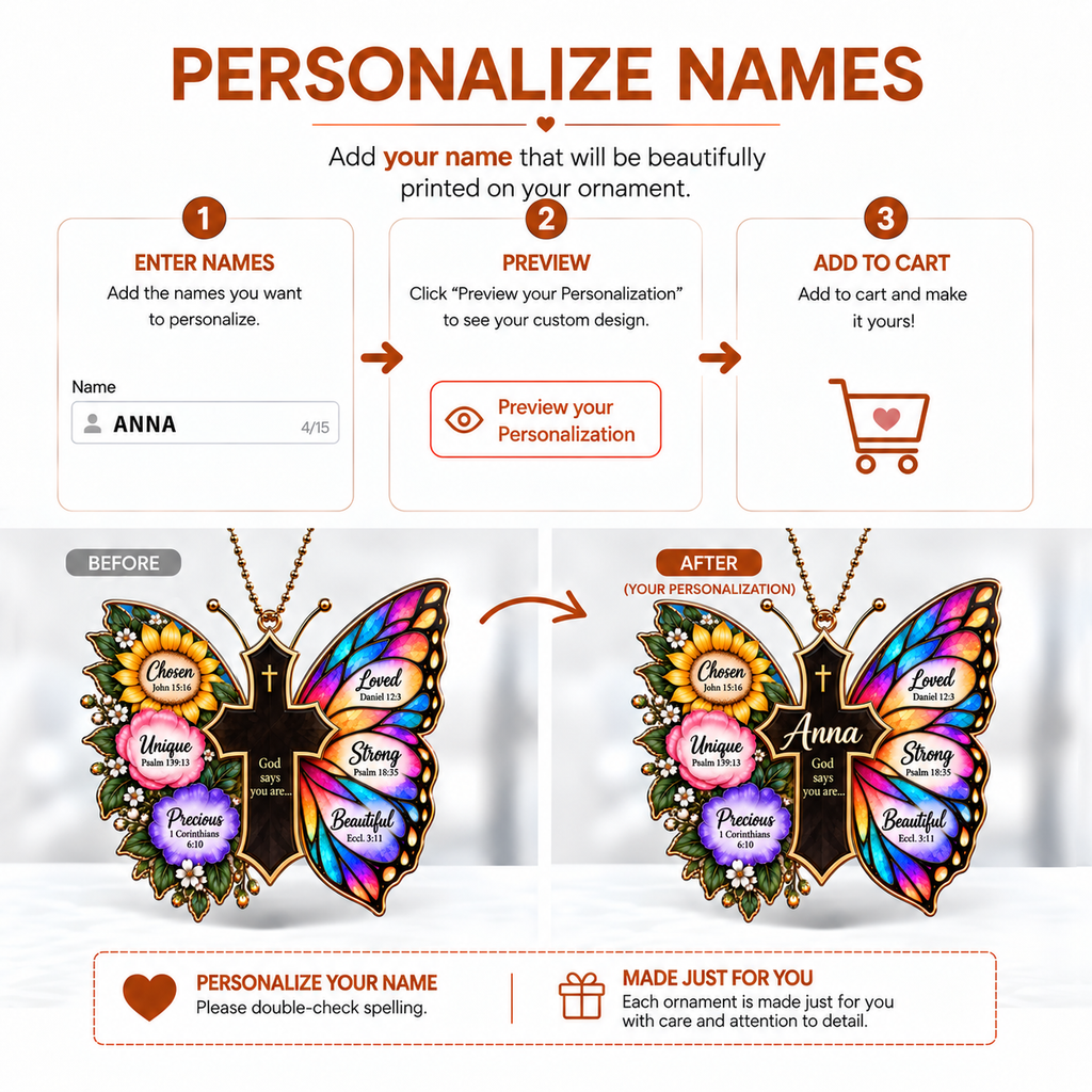 Personalized Butterfly Cross Ornament, Custom Name God Says You Are Christian Gift for Her, Gift for women