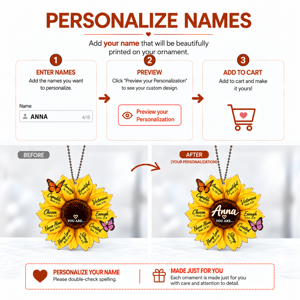Personalized Sunflower Christian Ornament - Custom Name You Are Strong Sunflower Car Ornament -Inspirational Gift for Her