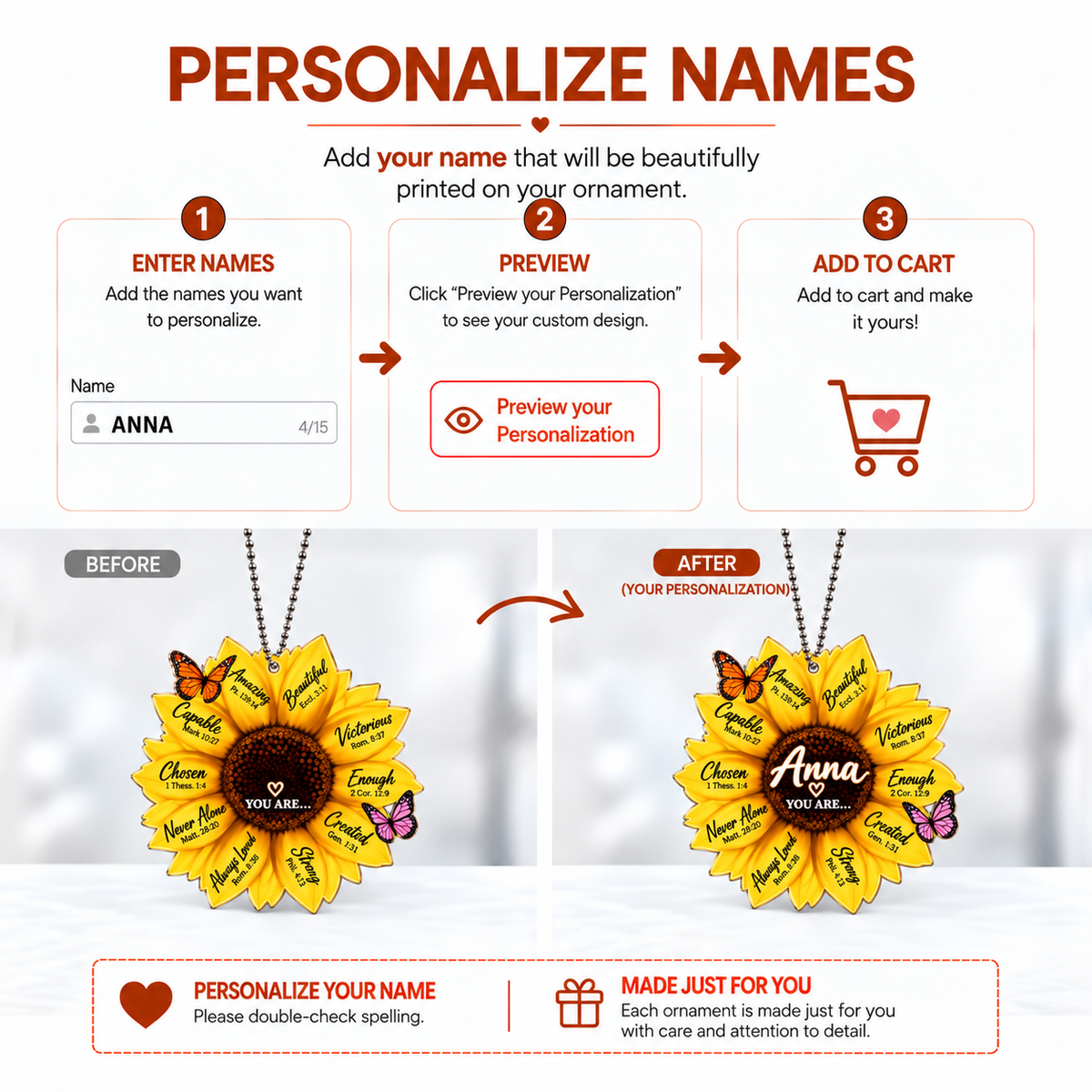 Personalized Sunflower Christian Ornament - Custom Name You Are Strong Sunflower Car Ornament -Inspirational Gift for Her
