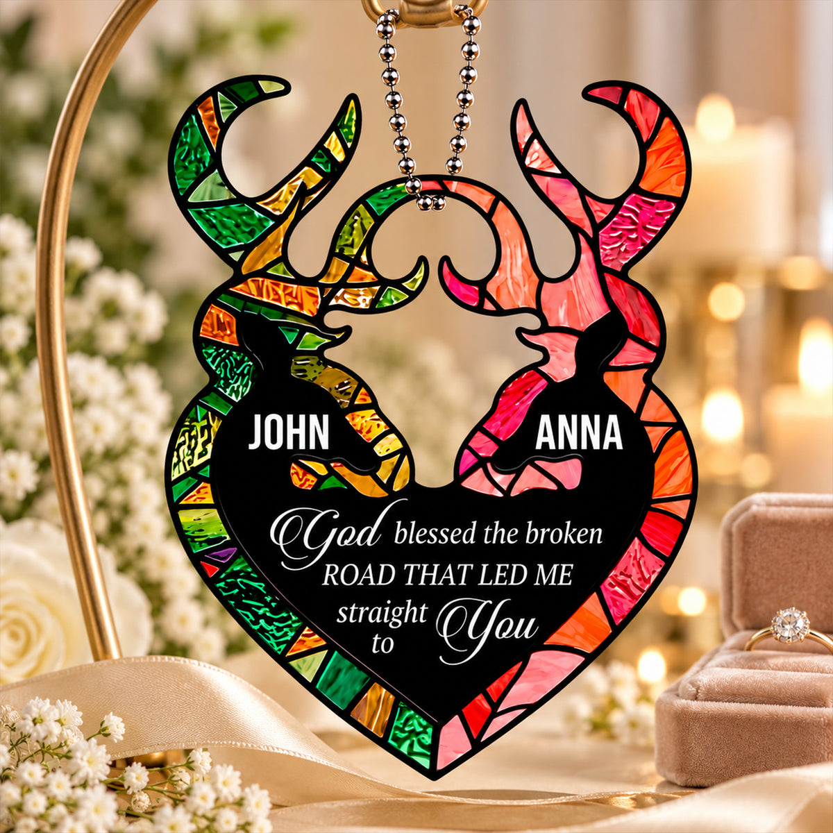 Personalized Names God Blessed Our Journey Deer Heart Ornament - Christian Couple Gift