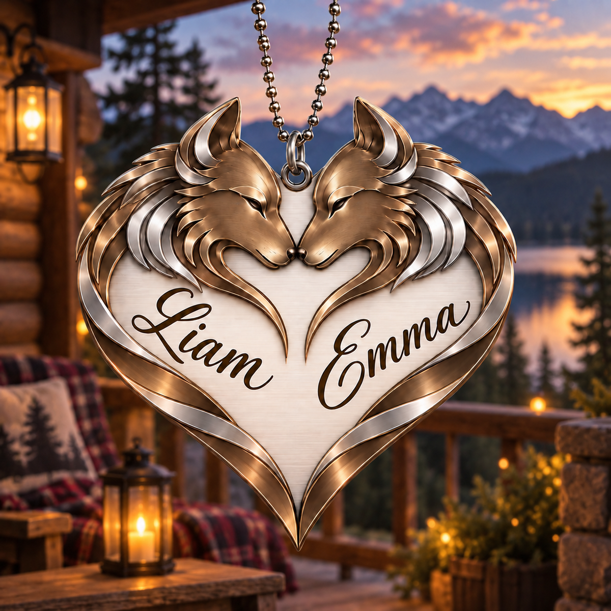 Couple Wolf Heart Personalized Ornament - Custom Names Wolf Couple Heart Car Ornament Gift for Couples, Anniversary Gifts for Husband & Wife