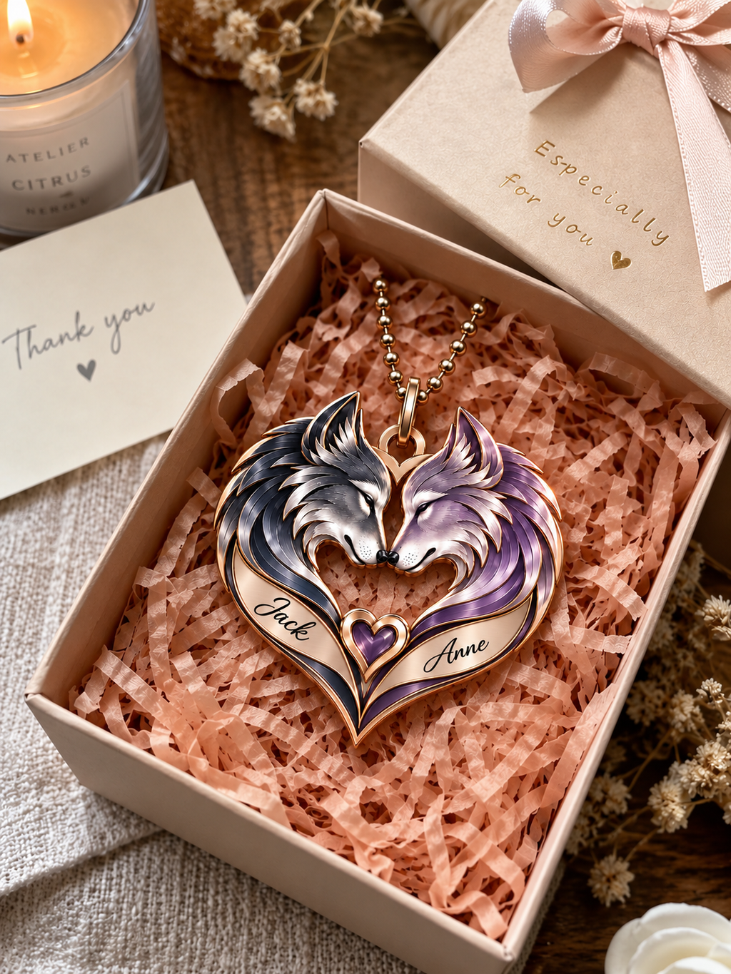 Couple Wolf Heart Personalized Ornament - Custom Names Romantic Love with Wolf Couple Heart Car Ornament - Gift for Couples, Anniversary Gifts for Husband & Wife, for Wolf Lovers