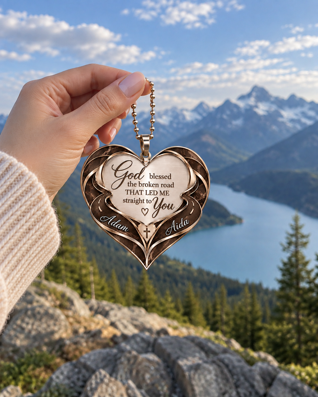 Personalized Jesus Bible Cross Heart Ornament, Custom Couple Names God Blessed Heart Car Ornament - Gift for Couples, Anniversary Gift for Husband & Wife