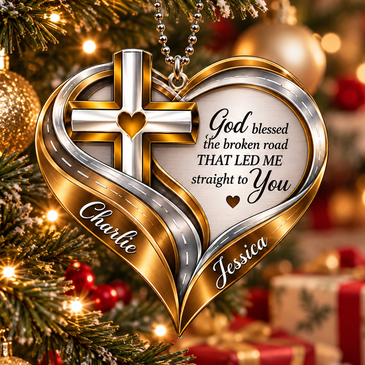 Personalized Names Christian Cross Heart Ornament – Faith Gift for Couples
