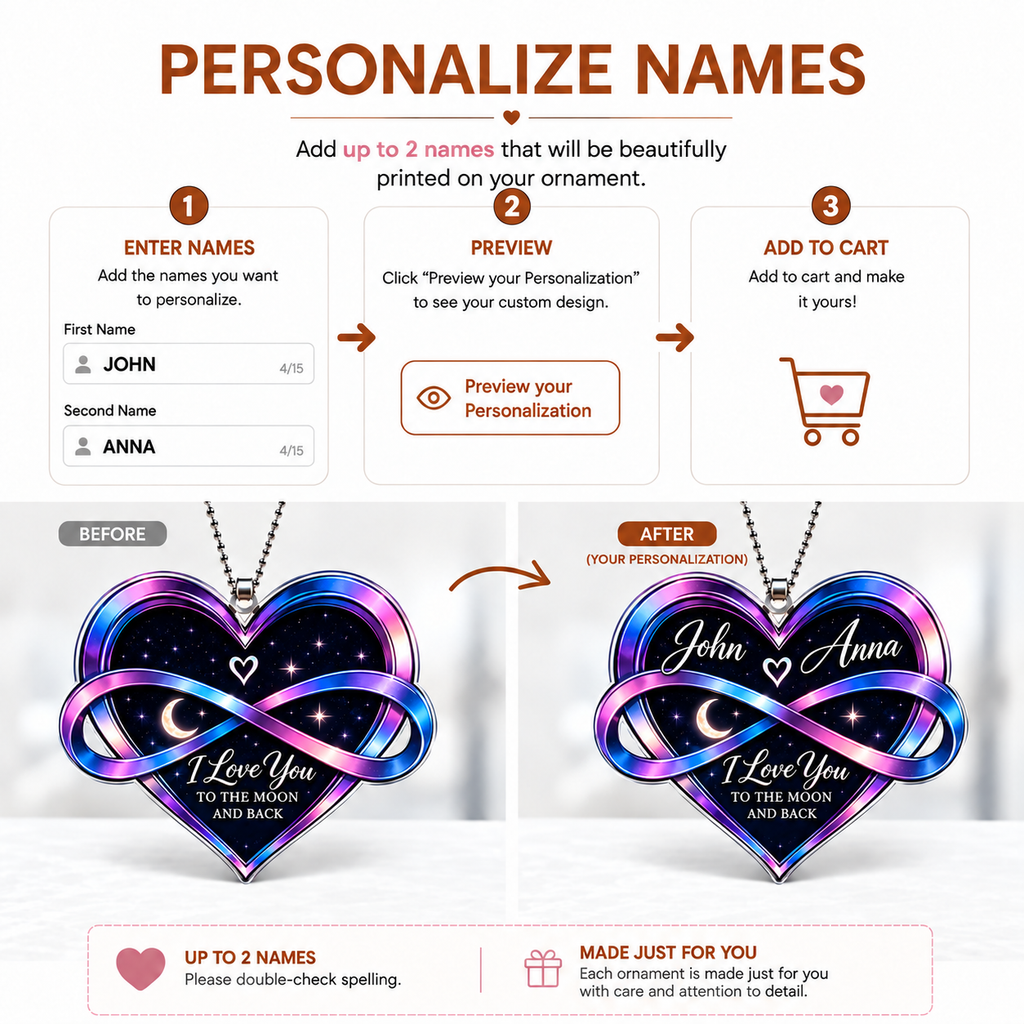 Personalized Heart Car Ornament – I Love You To The Moon and Back Ornament - Ideal Gift for Couples, Anniversary Gifts