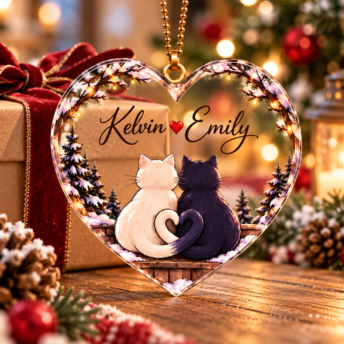 Personalized Names Forever Together Cats Heart Ornament – Romantic Gift for Couples