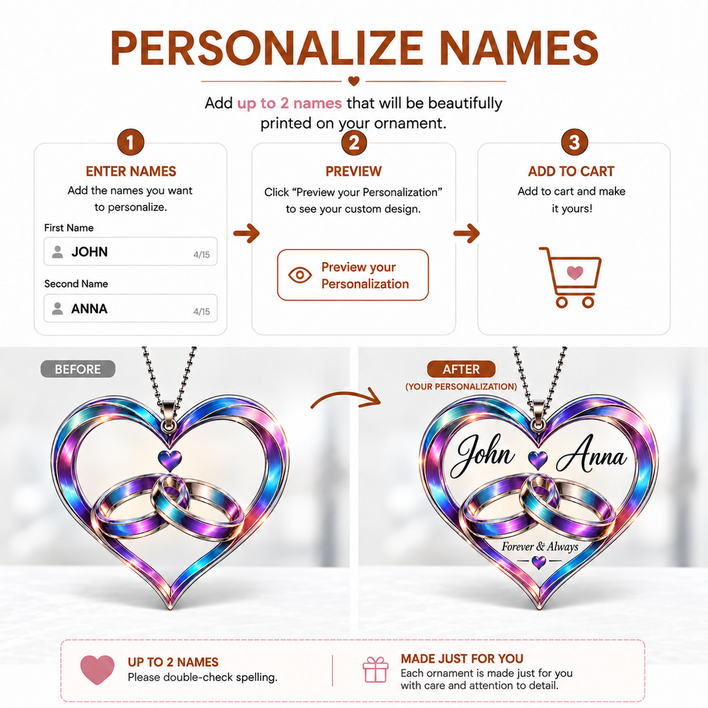 Personalized Forever & Always Couple Ornament – Custom Names, Interlocking Rings Heart Keepsake, Anniversary Gifts for Couples, Wedding Gifts