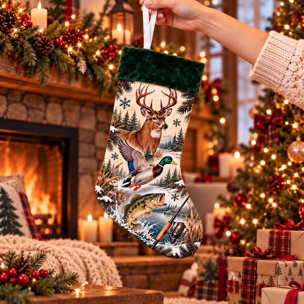 Personalized Hunting & Fishing Christmas Stocking – Custom Name Deer, Duck & Bass Design