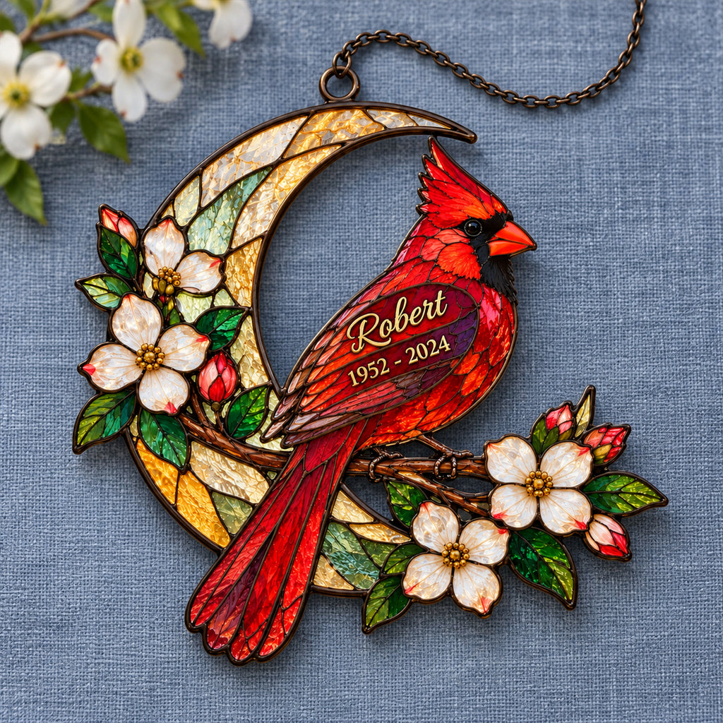 Personalized Cardinal Memorial Window Hanging – Custom Name & Dates