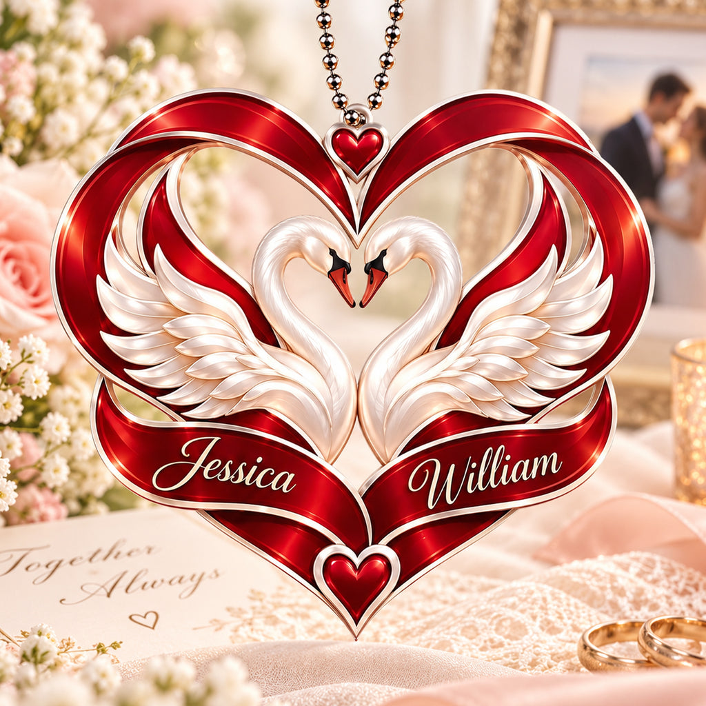 Personalized Names Swan Couple Heart Car Ornament – Anniversary Keepsake