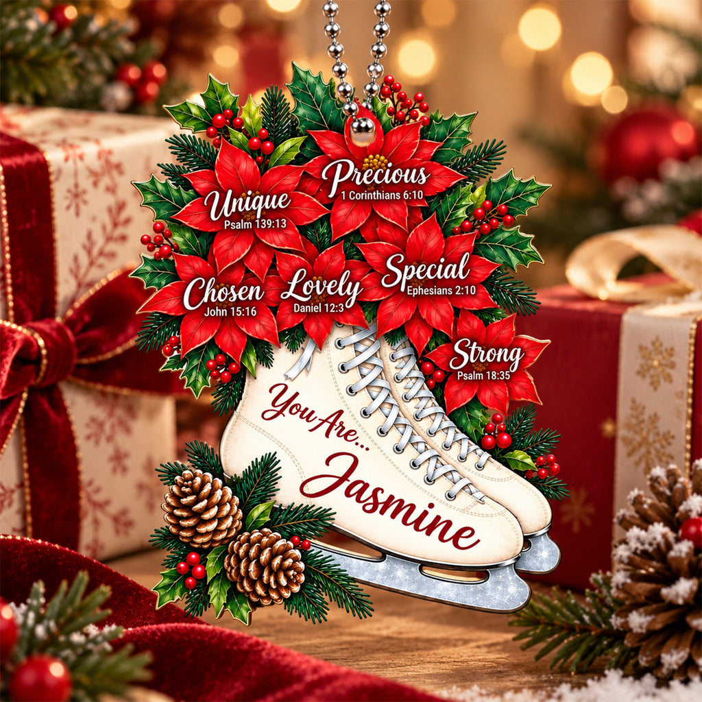 Personalized Name Faith & Poinsettia Ice Skates Christmas Ornament - Inspirational Keepsake