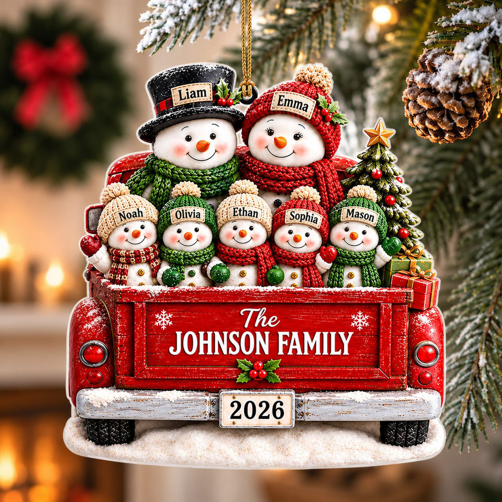 Personalized Snowman Family Christmas Truck 3D Ornament – Custom Names & Family Name Christmas Gift