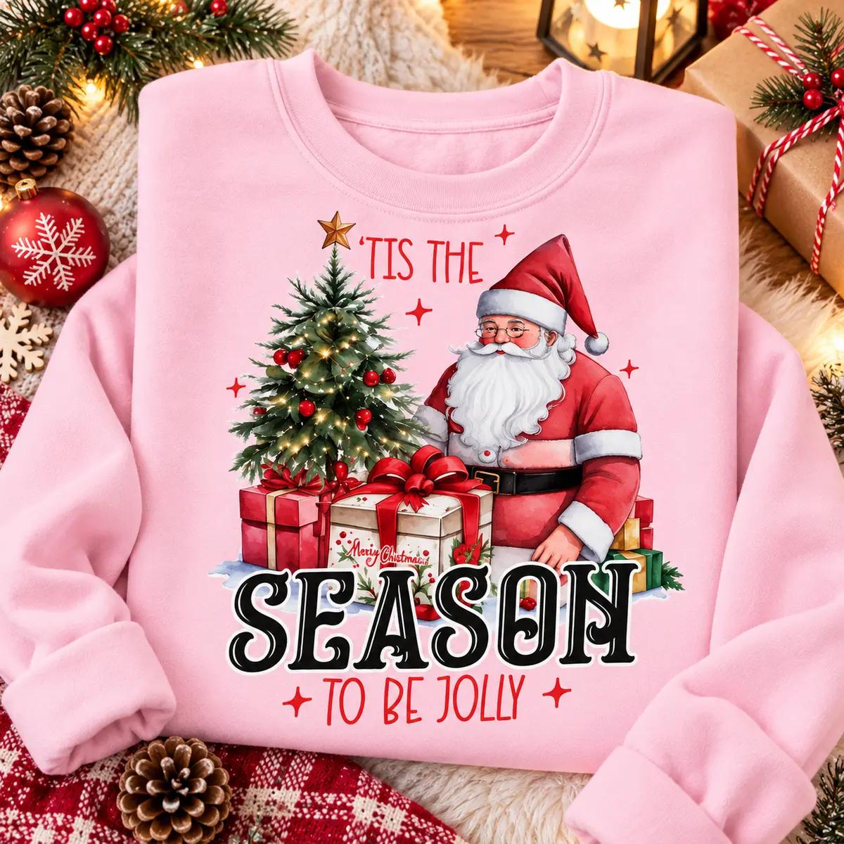 Christmas Santa Graphic Sweatshirt for Women, Christmas Tree and Presents Crewneck Pullover, Festive Holiday Winter Top, Cozy Christmas Party Outfit, Seasonal Gift