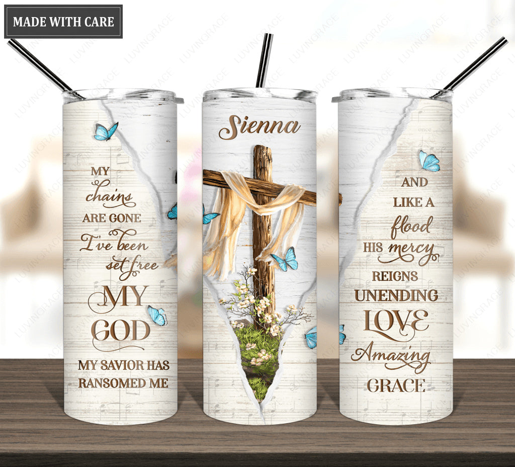 Personalized Cross I Have Been Set Free Skinny Tumbler
