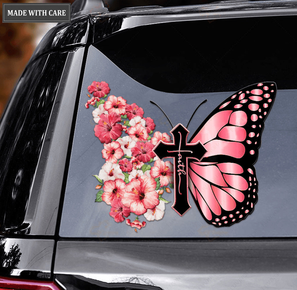 Hibiscus Flower Butterfly Cross Faith Car Sticker