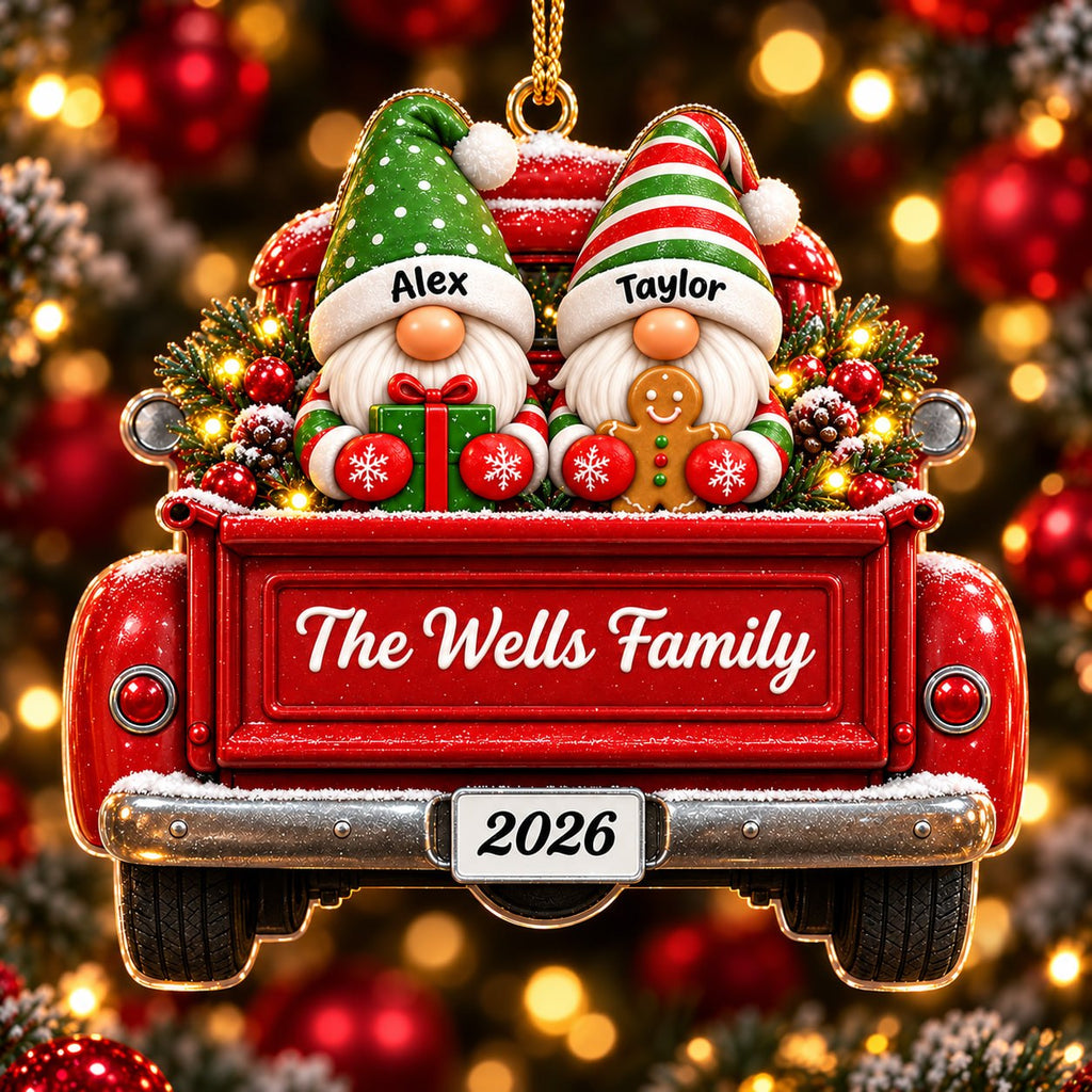 3D Raised Personalized Christmas Gnome Truck Ornament