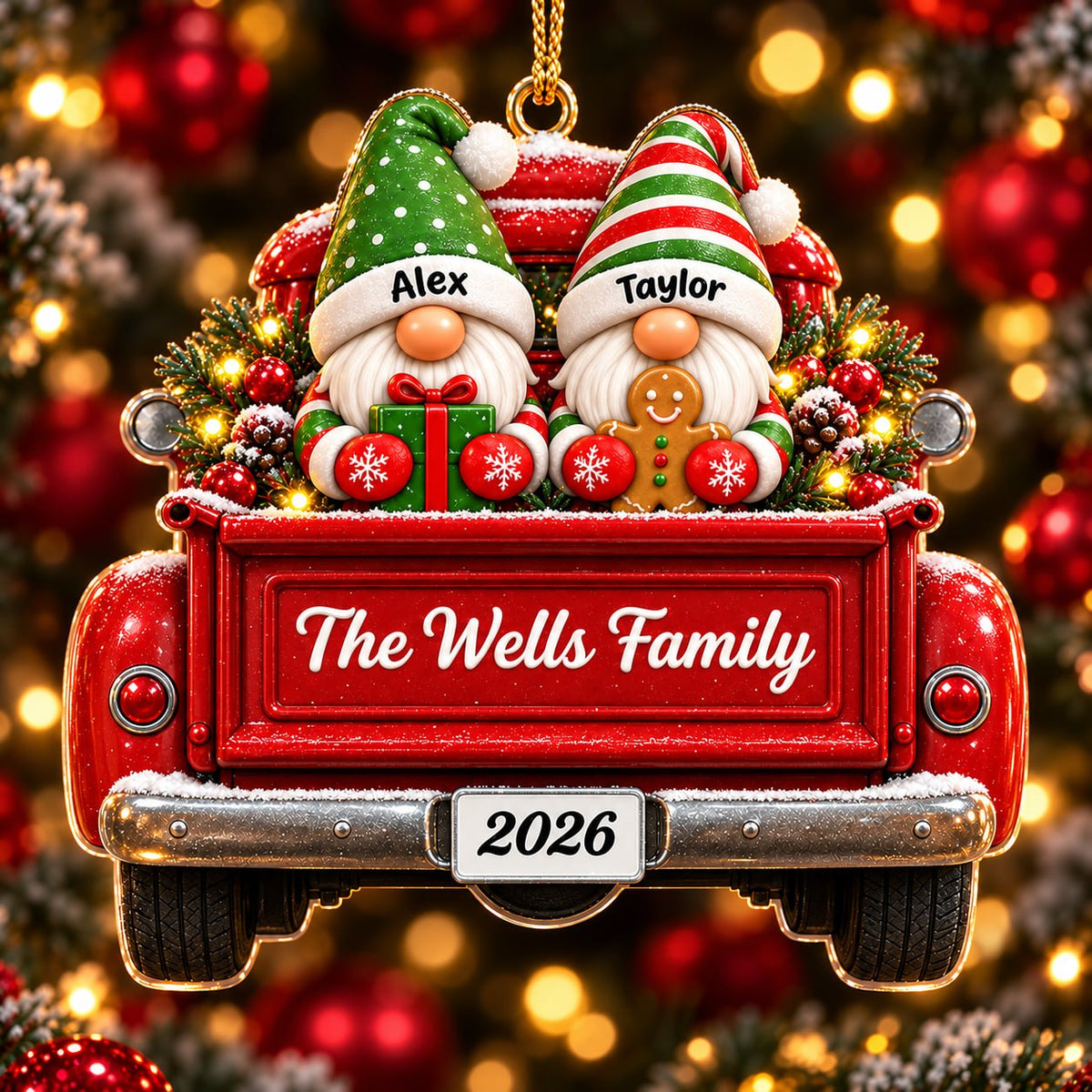 3D Raised Personalized Christmas Gnome Truck Ornament