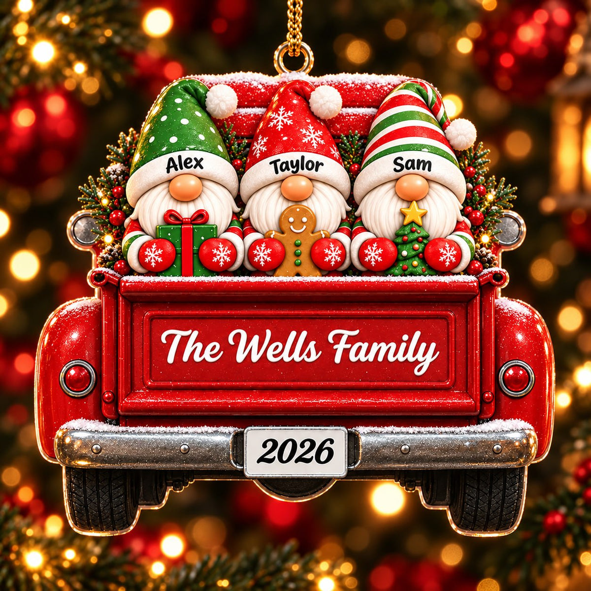 3D Raised Personalized Christmas Gnome Truck Ornament