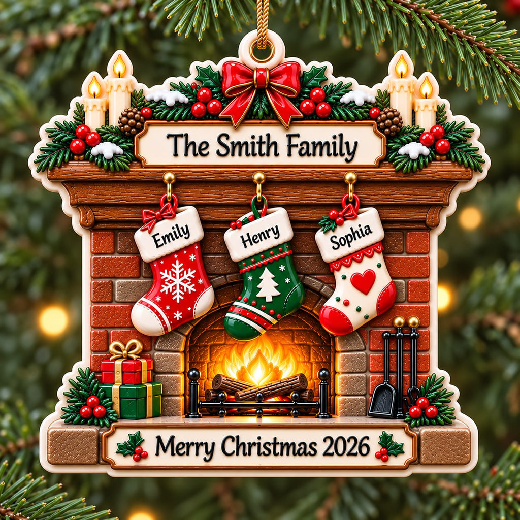 3D Raised Personalized Christmas Fireplace Stocking Ornament – Family Gift