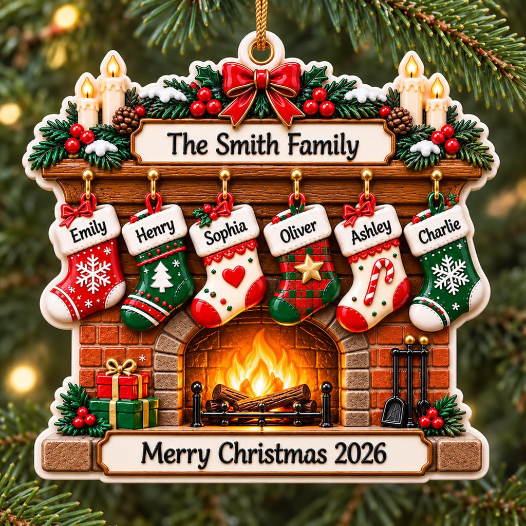 3D Raised Personalized Christmas Fireplace Stocking Ornament – Family Gift