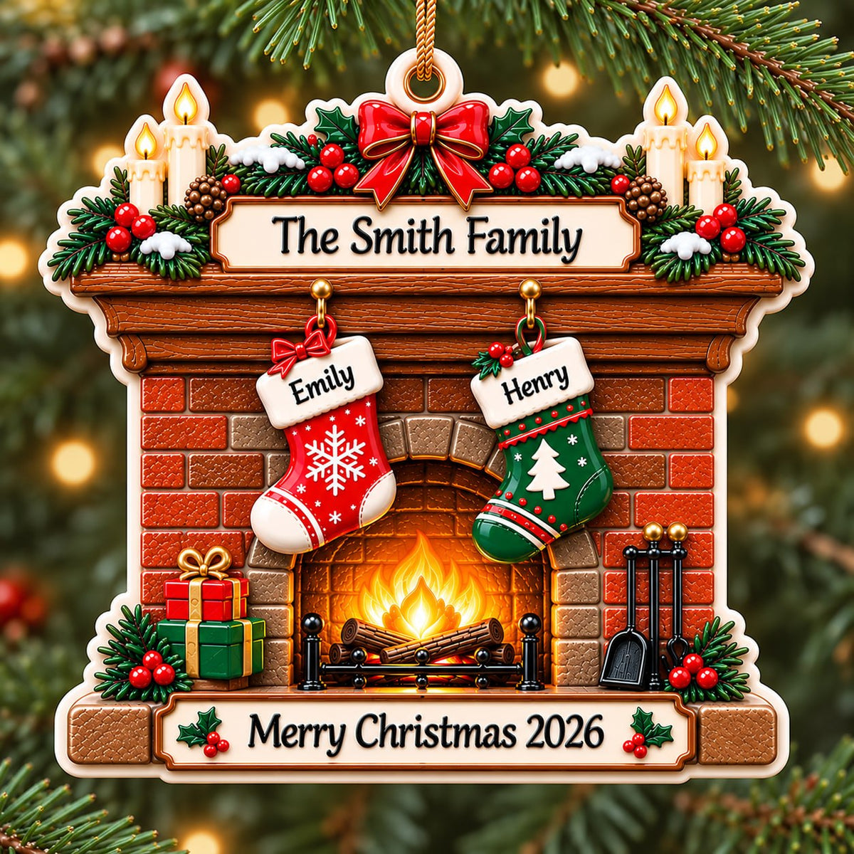 3D Raised Personalized Christmas Fireplace Stocking Ornament – Family Gift