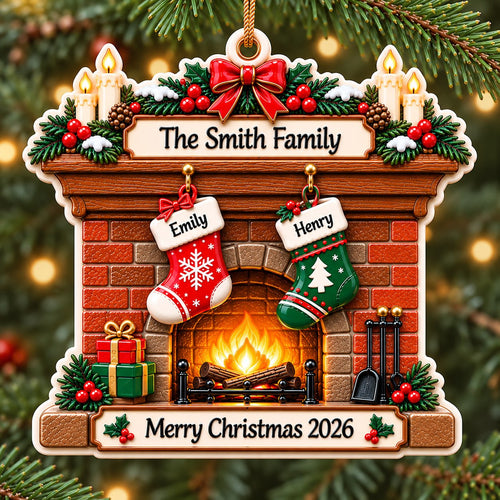 3D Raised Personalized Christmas Fireplace Stocking Ornament – Family Gift