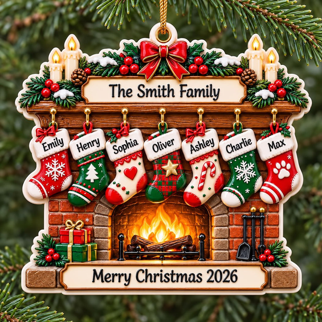 3D Raised Personalized Christmas Fireplace Stocking Ornament – Family Gift