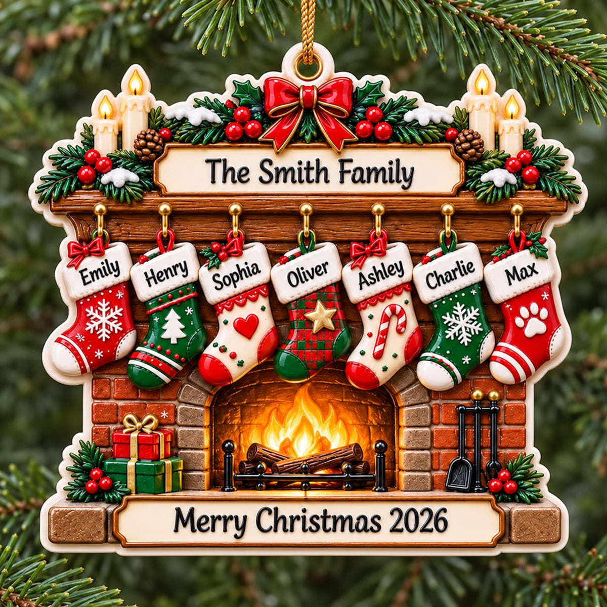 3D Raised Personalized Christmas Fireplace Stocking Ornament – Family Gift