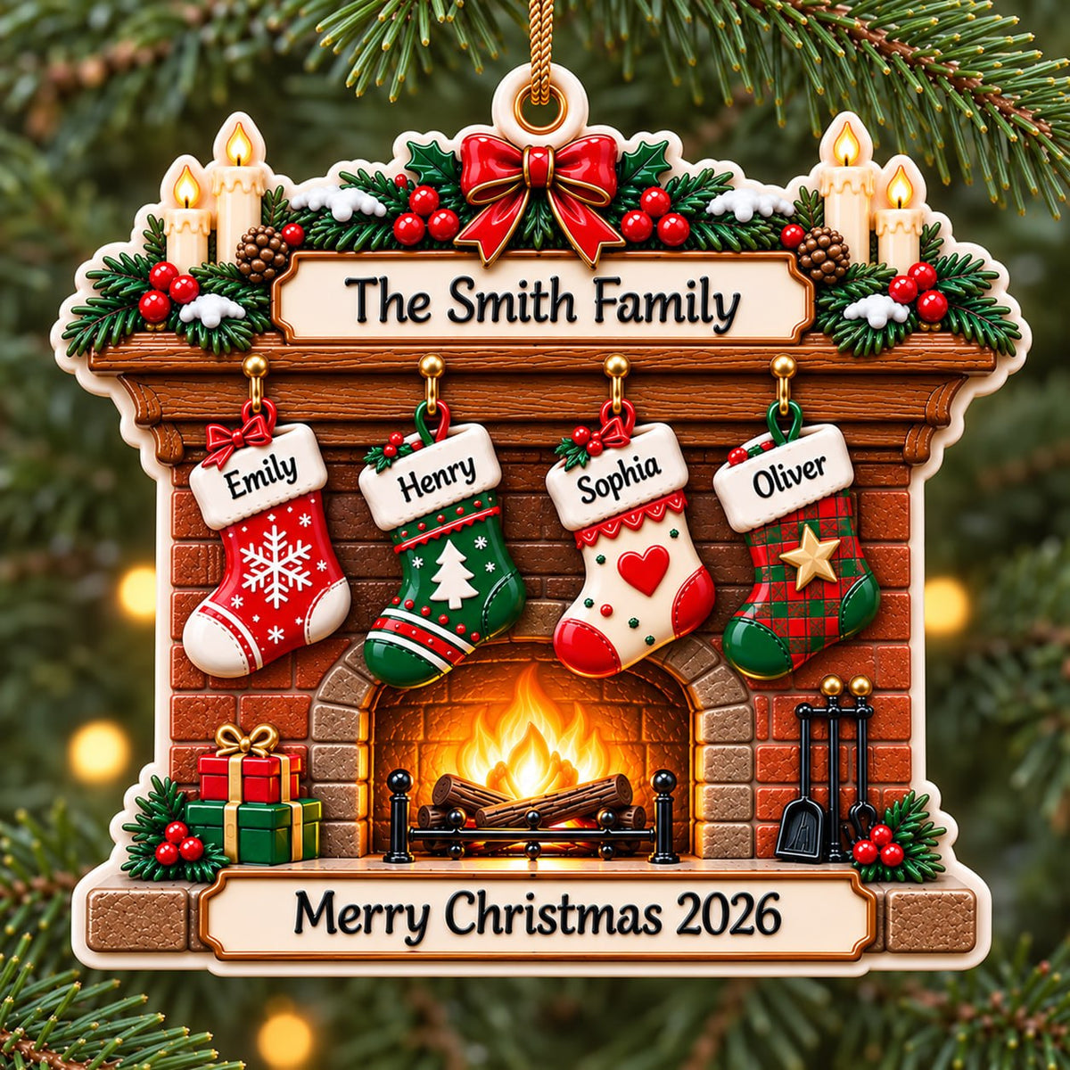 3D Raised Personalized Christmas Fireplace Stocking Ornament – Family Gift