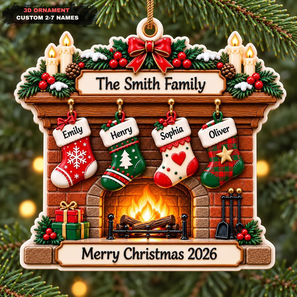 3D Raised Personalized Christmas Fireplace Stocking Ornament – Family Gift