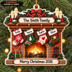 3D Raised Personalized Christmas Fireplace Stocking Ornament – Family Gift