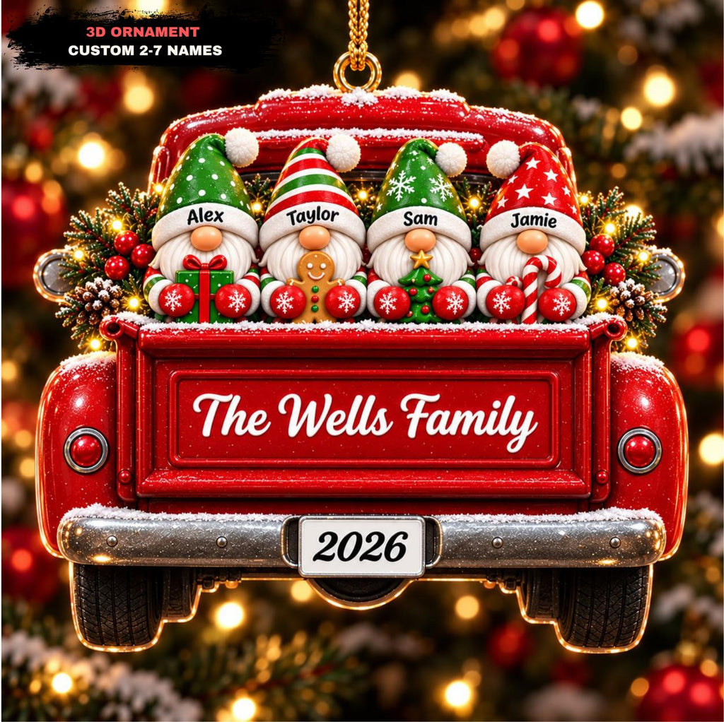 3D Raised Personalized Christmas Gnome Truck Ornament