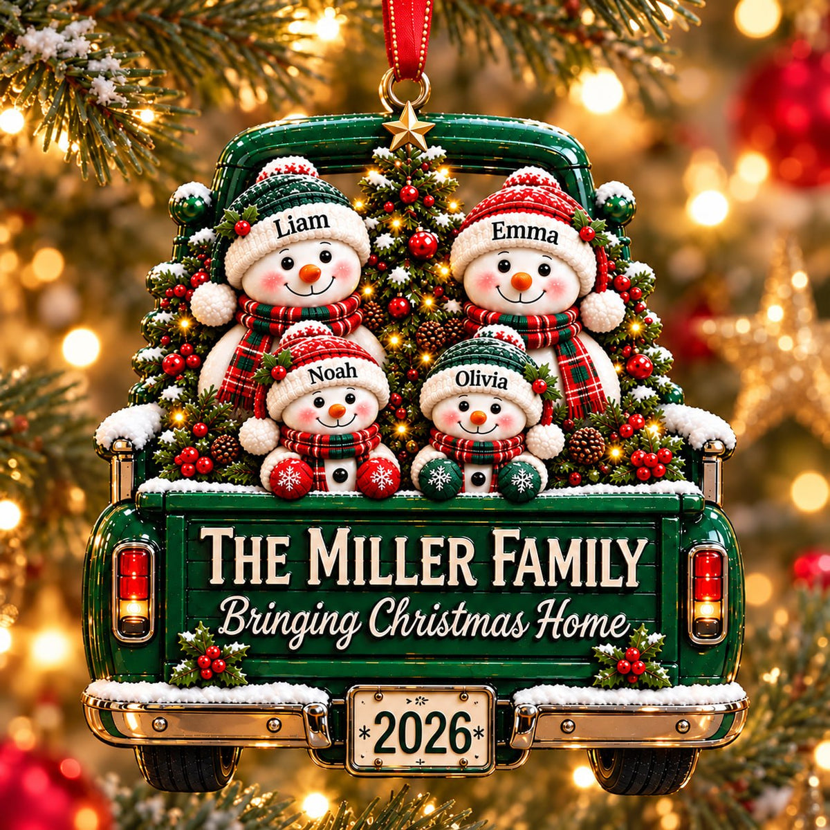 3D Raised Snowman Truck Christmas Ornament – Family Gift