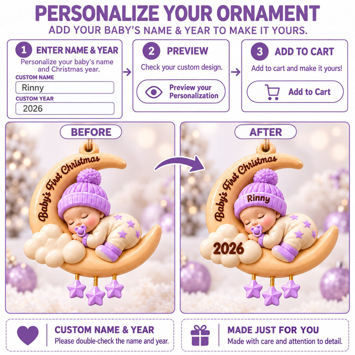 3D Raised Personalized Baby’s First Christmas Moon Ornament