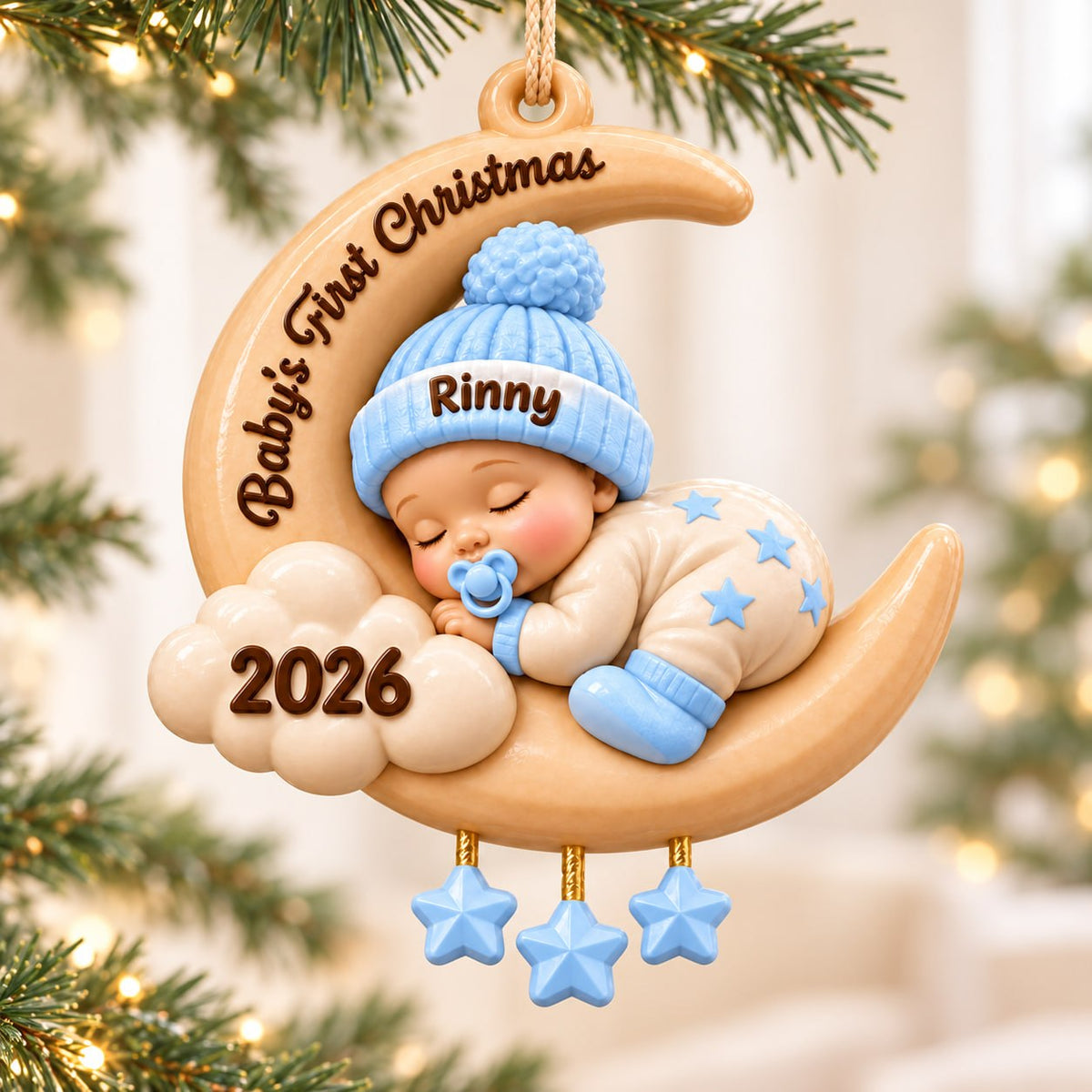 3D Raised Personalized Baby’s First Christmas Moon Ornament