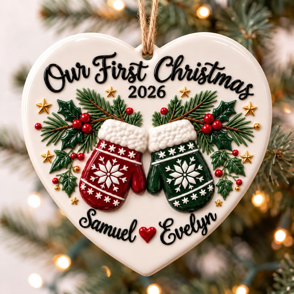 3D Relief Personalized Name Ceramic Ornament – First Christmas Couple Gift